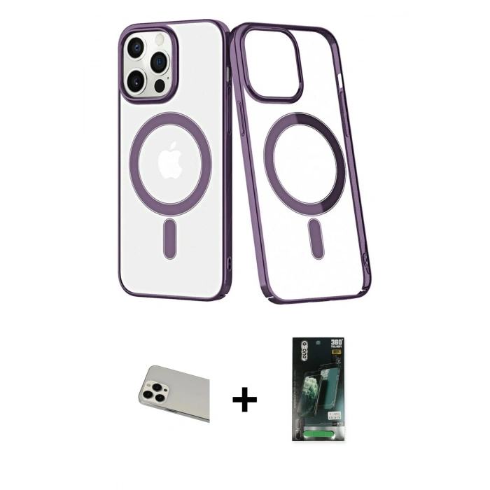 MARSİLYAN™- iPhone 13 Pro Max Kılıf Yörünge Minimal - Şeffaf 360 Full Body Arka Koruyucu + Rainbow Kamera Lens Koruma Cam - BZ