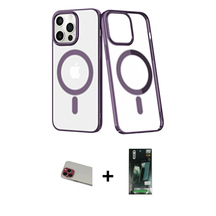 MARSİLYAN™- iPhone 13 Pro Max Kılıf Yörünge Minimal - Şeffaf 360 Full Body Arka Koruyucu + Kırmızı Rainbow Kamera Lens Koruma Cam