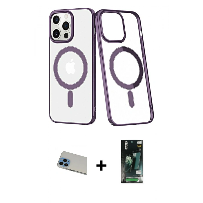 MARSİLYAN™- iPhone 13 Pro Max Kılıf Yörünge Minimal - Şeffaf 360 Full Body Arka Koruyucu + Rainbow Kamera Lens Koruma Cam - MI