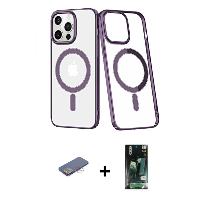 MARSİLYAN™- iPhone 13 Pro Max Kılıf Yörünge Minimal - Şeffaf 360 Full Body Arka Koruyucu + Renkli Kamera Lens Koruma Cam - MI