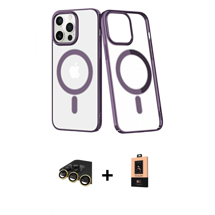MARSİLYAN™- iPhone 13 Pro Max Kılıf Yörünge Minimal - Şeffaf Maxco Cam Ekran Koruyucu + Raze Metal Kamera Lens - GD