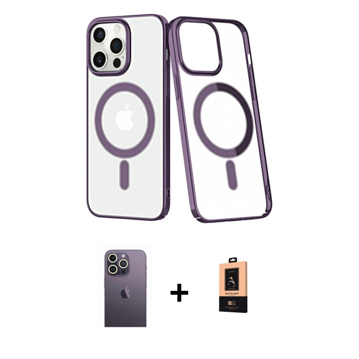 MARSİLYAN™- iPhone 13 Pro Max Kılıf Yörünge Minimal - Şeffaf Maxco Cam Ekran Koruyucu + Neon Fosforlu Kamera Lens - BZ