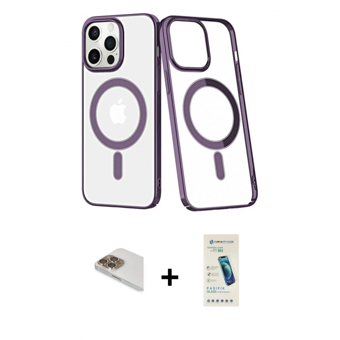 MARSİLYAN™- iPhone 13 Pro Max Kılıf Yörünge Minimal - Şeffaf Pasifik Cam Ekran Koruyucu + Pers Alüminyum Kamera Lens - GD