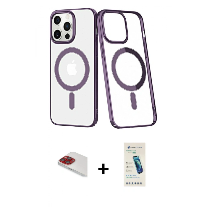 MARSİLYAN™- iPhone 13 Pro Max Kılıf Yörünge Minimal - Şeffaf Pasifik Cam Ekran Koruyucu + Pers Alüminyum Kamera Lens - KI