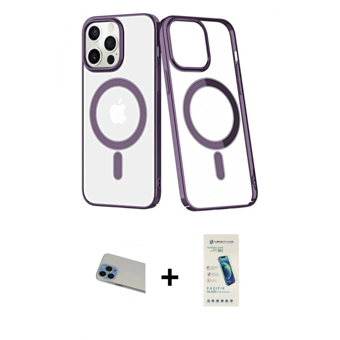 MARSİLYAN™- iPhone 13 Pro Max Kılıf Yörünge Minimal - Şeffaf Pasifik Cam Ekran Koruyucu + Mavi Rainbow Kamera Lens Koruma Cam