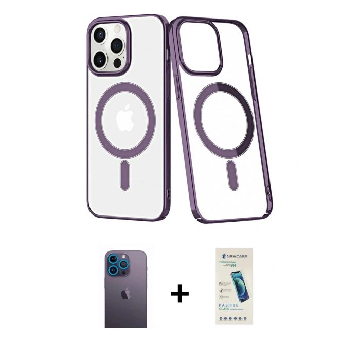 MARSİLYAN™- iPhone 13 Pro Max Kılıf Yörünge Minimal - Şeffaf Pasifik Cam Ekran Koruyucu + Neon Fosforlu Kamera Lens - MI