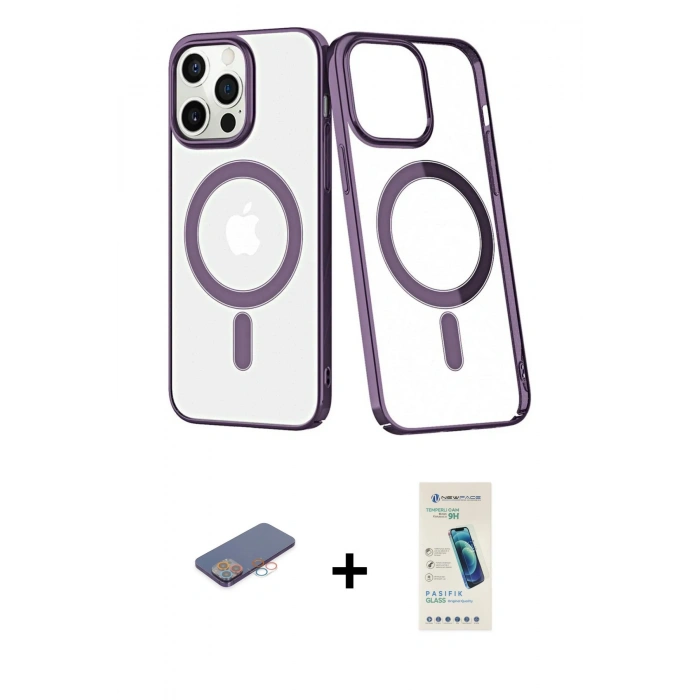 MARSİLYAN™- iPhone 13 Pro Max Kılıf Yörünge Minimal - Şeffaf Pasifik Cam Ekran Koruyucu + Renkli Kamera Lens Koruma Cam - PE