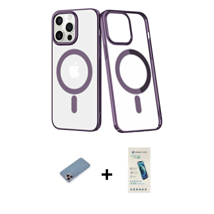 MARSİLYAN™- iPhone 13 Pro Max Kılıf Yörünge Minimal - Şeffaf Pasifik Cam Ekran Koruyucu + Pembe Shine Kamera Lens Koruma Cam