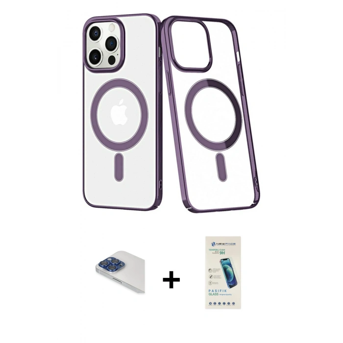MARSİLYAN™- iPhone 13 Pro Max Kılıf Yörünge Minimal - Şeffaf Pasifik Cam Ekran Koruyucu + Pers Alüminyum Kamera Lens - LT