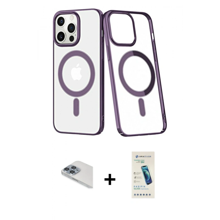 MARSİLYAN™- iPhone 13 Pro Max Kılıf Yörünge Minimal - Şeffaf Pasifik Cam Ekran Koruyucu + Pers Alüminyum Kamera Lens - SABE