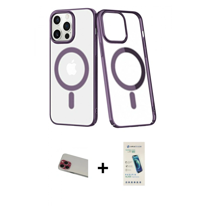 MARSİLYAN™- iPhone 13 Pro Max Kılıf Yörünge Minimal - Şeffaf Pasifik Cam Ekran Koruyucu + Rainbow Kamera Lens Koruma Cam - KI