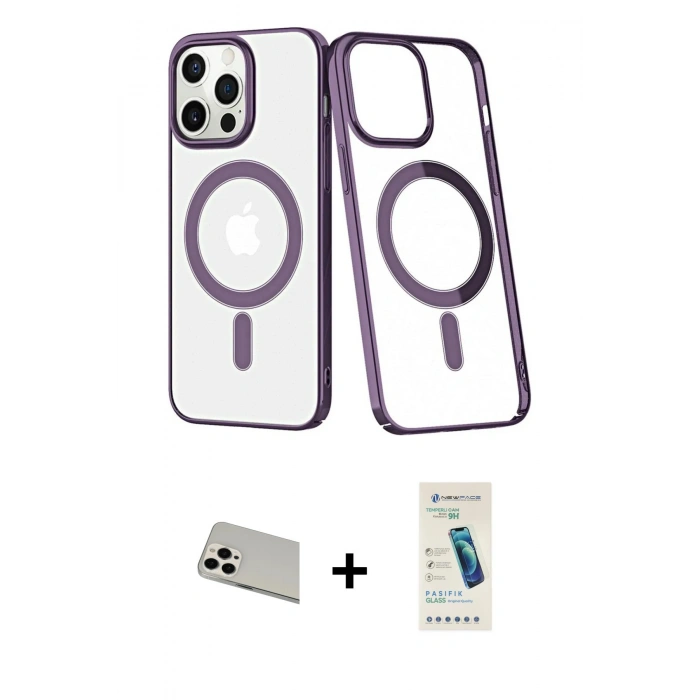 MARSİLYAN™- iPhone 13 Pro Max Kılıf Yörünge Minimal - Şeffaf Pasifik Cam Ekran Koruyucu + Rainbow Kamera Lens Koruma Cam - BZ