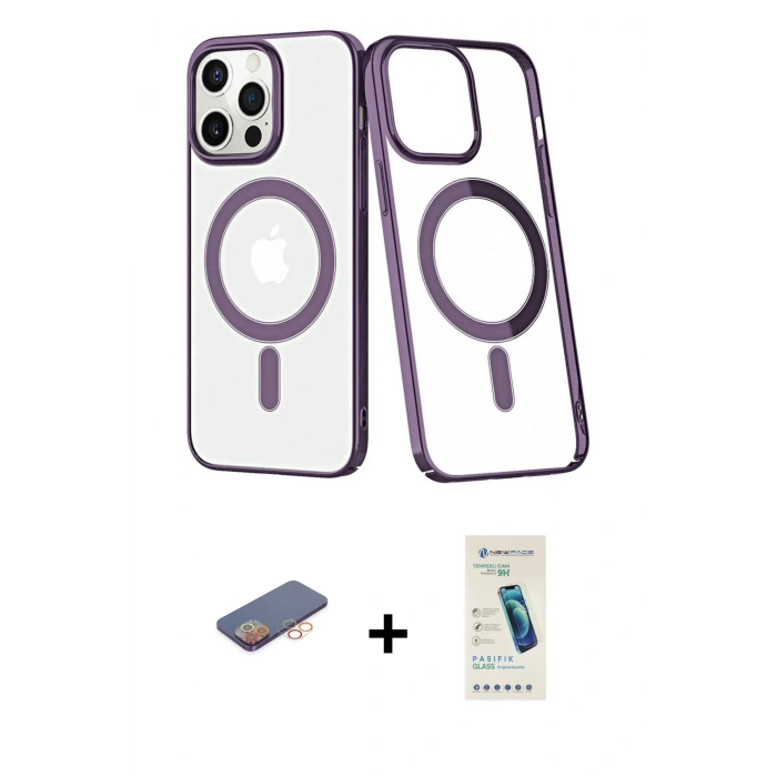 MARSİLYAN™- iPhone 13 Pro Max Kılıf Yörünge Minimal - Şeffaf Pasifik Cam Ekran Koruyucu + Renkli Kamera Lens Koruma Cam - TU