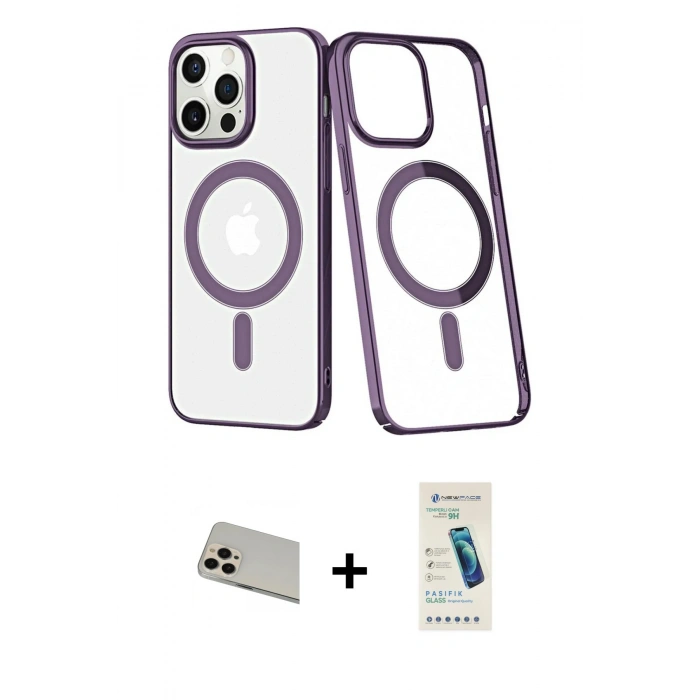 MARSİLYAN™- iPhone 13 Pro Max Kılıf Yörünge Minimal - Şeffaf Pasifik Cam Ekran Koruyucu + Rainbow Kamera Lens Koruma Cam - REGD