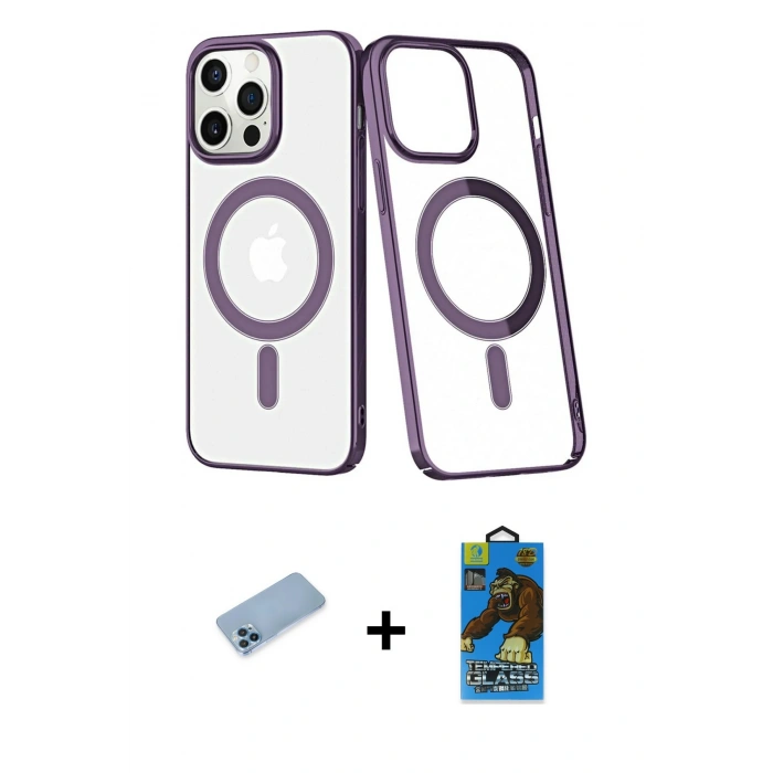 MARSİLYAN™- iPhone 13 Pro Max Kılıf Yörünge Minimal - Siyah 18D Cam Ekran Koruyucu + Mavi Shine Kamera Lens Koruma Cam