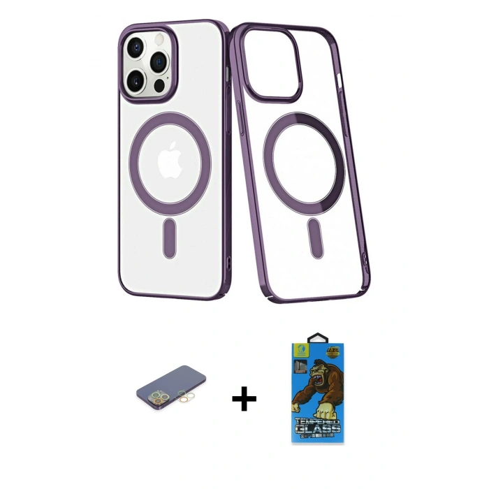 MARSİLYAN™- iPhone 13 Pro Max Kılıf Yörünge Minimal - Siyah 18D Cam Ekran Koruyucu + Renkli Kamera Lens Koruma Cam - SI