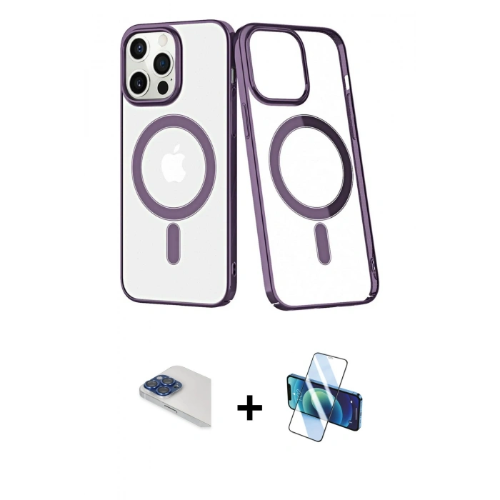 MARSİLYAN™- iPhone 13 Pro Max Kılıf Yörünge Minimal - Siyah 3D Antistatik Cam Ekran Koruyucu + Pers Alüminyum Kamera Lens - LT