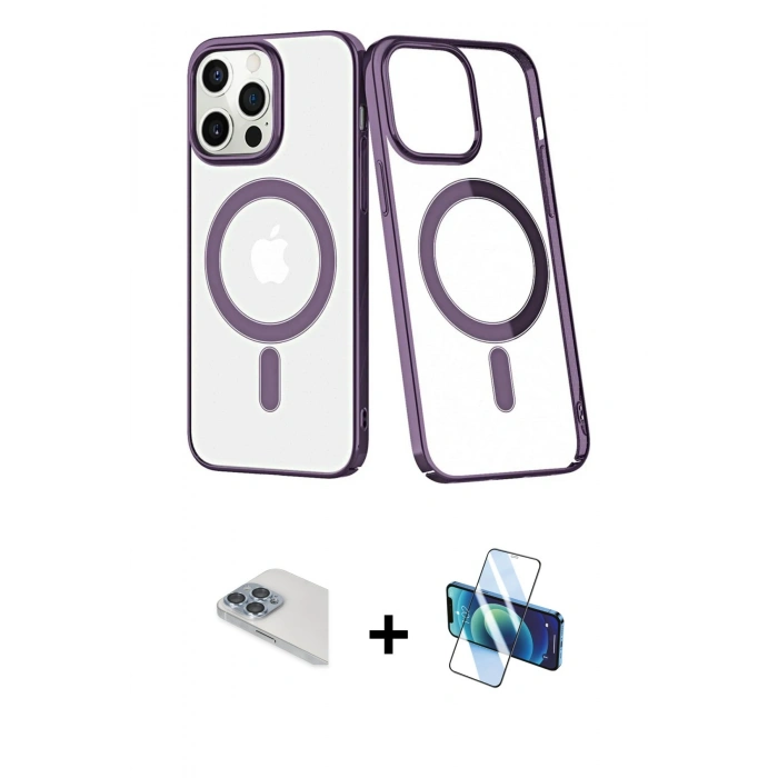 MARSİLYAN™- iPhone 13 Pro Max Kılıf Yörünge Minimal - Siyah 3D Antistatik Cam Ekran Koruyucu + Pers Alüminyum Kamera Lens - SABE