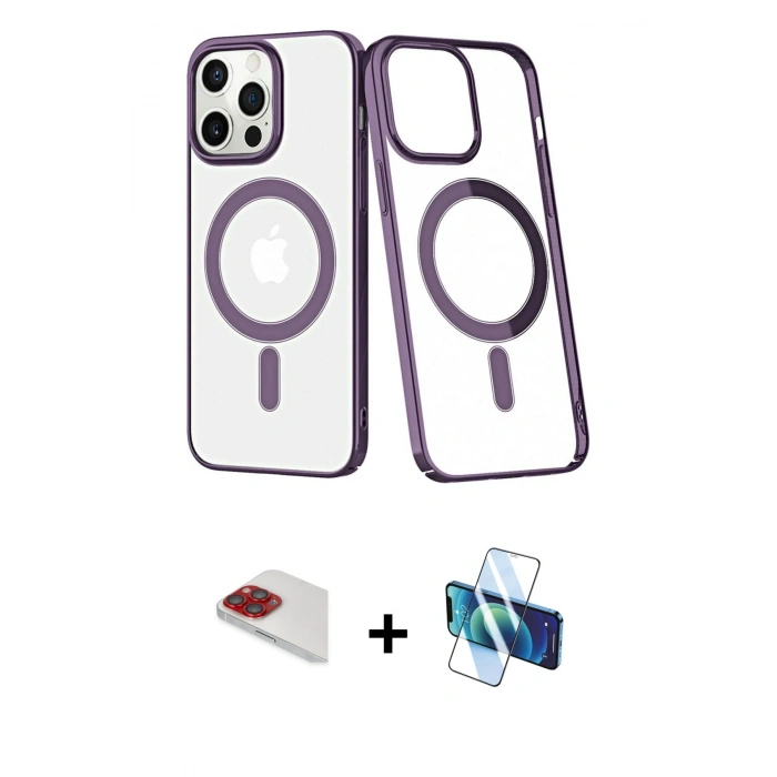 MARSİLYAN™- iPhone 13 Pro Max Kılıf Yörünge Minimal - Siyah 3D Antistatik Cam Ekran Koruyucu + Pers Alüminyum Kamera Lens - KI