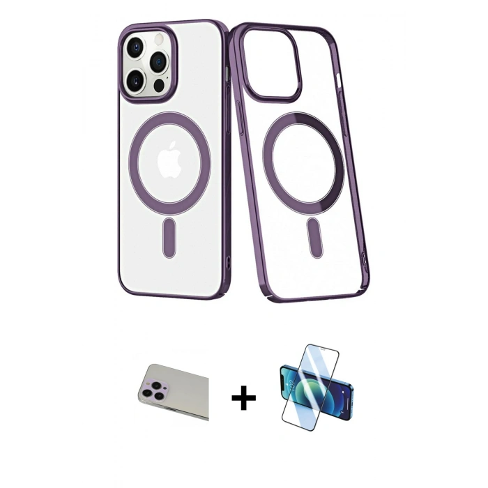 MARSİLYAN™- iPhone 13 Pro Max Kılıf Yörünge Minimal - Siyah 3D Antistatik Cam Ekran Koruyucu + Rainbow Kamera Lens Koruma Cam - MR