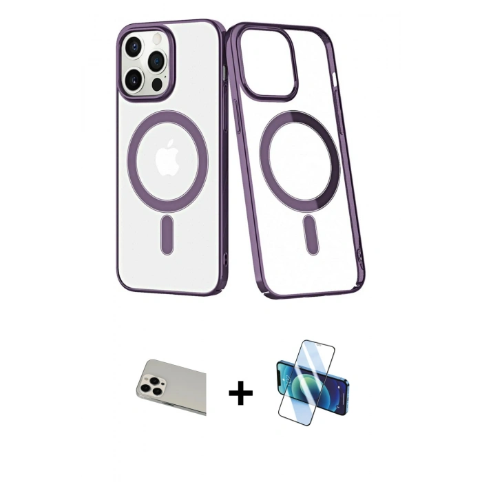MARSİLYAN™- iPhone 13 Pro Max Kılıf Yörünge Minimal - Siyah 3D Antistatik Cam Ekran Koruyucu + Rainbow Kamera Lens Koruma Cam - BZ