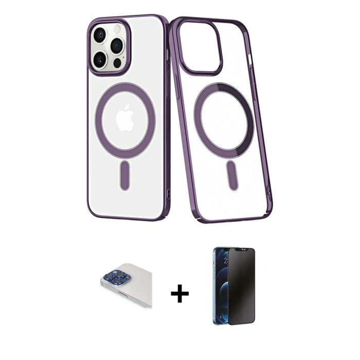 MARSİLYAN™- iPhone 13 Pro Max Kılıf Yörünge Minimal - Siyah 3D Antistatik Hayalet Cam Ekran Koruyucu + Pers Alüminyum Kamera Lens - LT