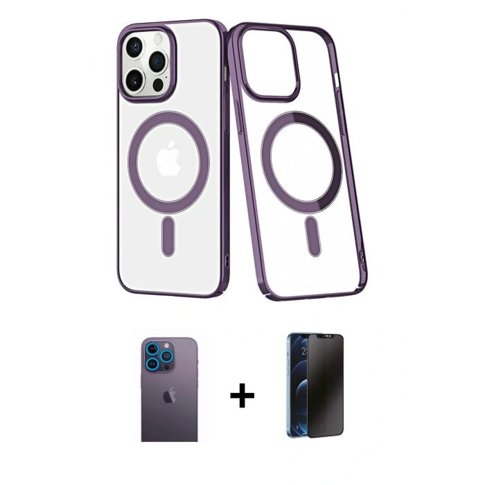 MARSİLYAN™- iPhone 13 Pro Max Kılıf Yörünge Minimal - Siyah 3D Antistatik Hayalet Cam Ekran Koruyucu + Neon Fosforlu Kamera Lens - MI