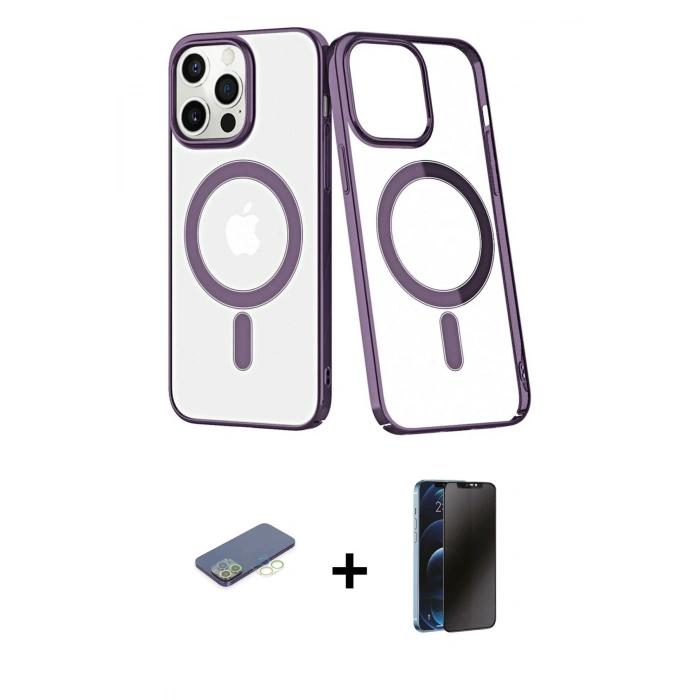 MARSİLYAN™- iPhone 13 Pro Max Kılıf Yörünge Minimal - Siyah 3D Antistatik Hayalet Cam Ekran Koruyucu + Renkli Kamera Lens Koruma Cam - YL