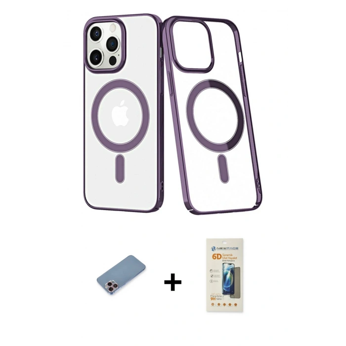 MARSİLYAN™- iPhone 13 Pro Max Kılıf Yörünge Minimal - Siyah 6D Mat Seramik Hayalet Nano Ekran Koruyucu + Shine Kamera Lens Koruma Cam - PE