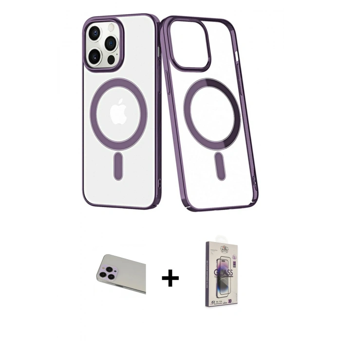 MARSİLYAN™- iPhone 13 Pro Max Kılıf Yörünge Minimal - Siyah Bilvis 3D Cam Ekran Koruyucu + Rainbow Kamera Lens Koruma Cam - MR