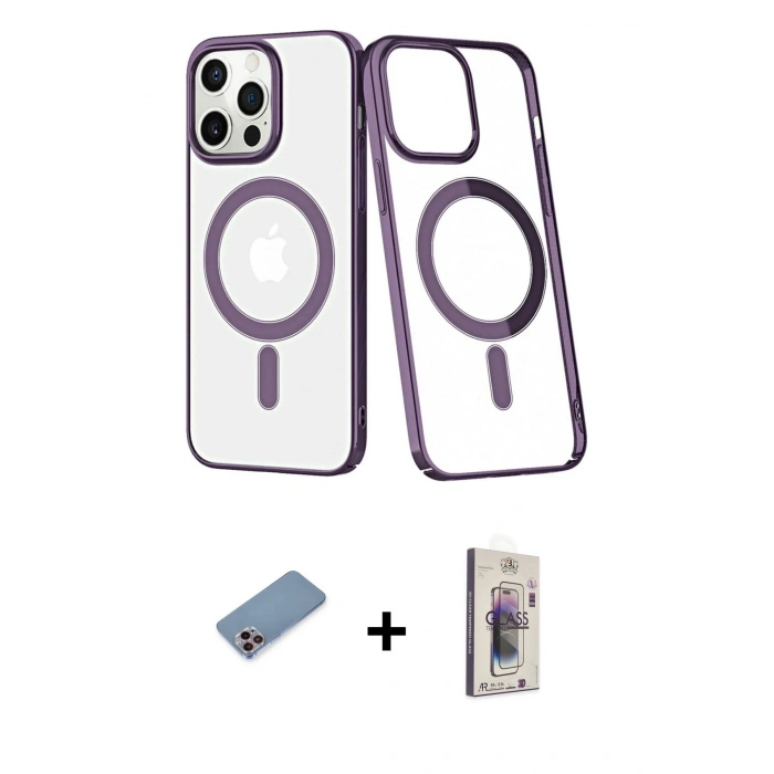 MARSİLYAN™- iPhone 13 Pro Max Kılıf Yörünge Minimal - Siyah Bilvis 3D Cam Ekran Koruyucu + Shine Kamera Lens Koruma Cam - PE