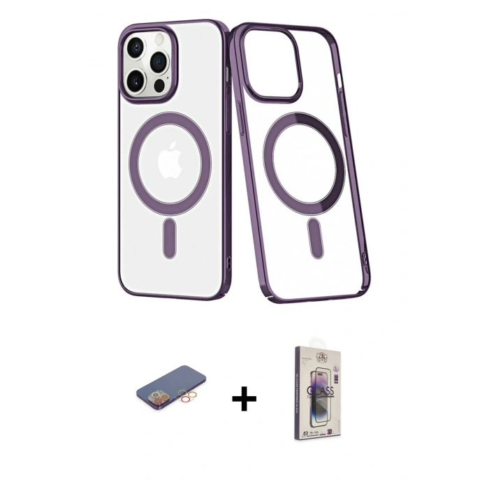 MARSİLYAN™- iPhone 13 Pro Max Kılıf Yörünge Minimal - Siyah Bilvis 3D Cam Ekran Koruyucu + Renkli Kamera Lens Koruma Cam - TU