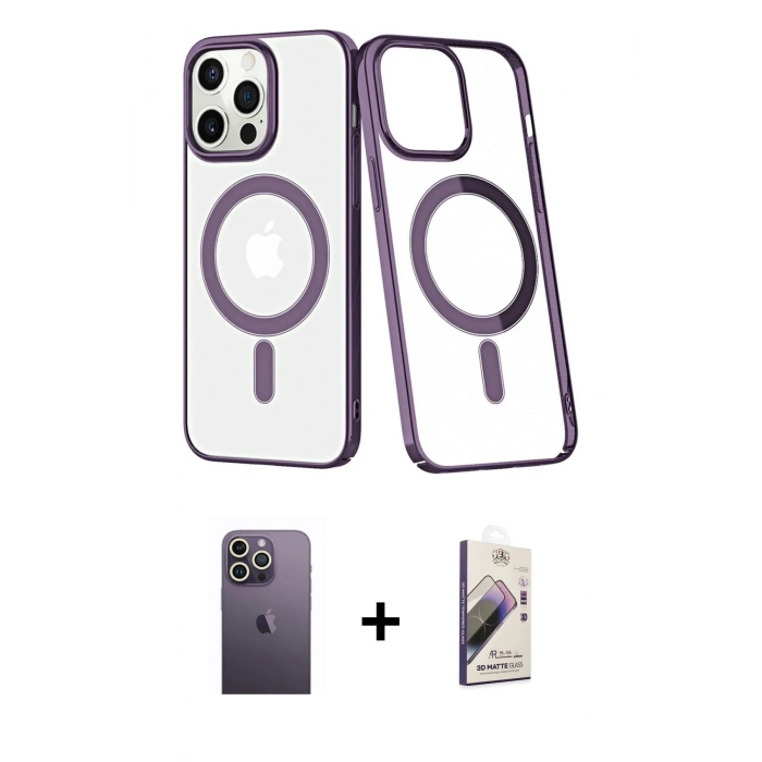 MARSİLYAN™- iPhone 13 Pro Max Kılıf Yörünge Minimal - Siyah Bilvis 3D Mat Cam Ekran Koruyucu + Neon Fosforlu Kamera Lens - BZ
