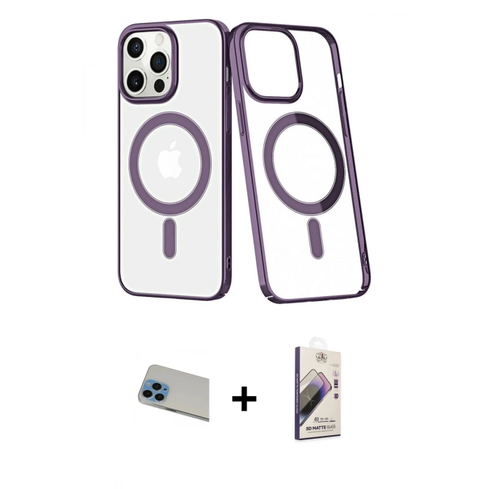 MARSİLYAN™- iPhone 13 Pro Max Kılıf Yörünge Minimal - Siyah Bilvis 3D Mat Cam Ekran Koruyucu + Rainbow Kamera Lens Koruma Cam - MI