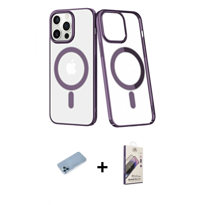 MARSİLYAN™- iPhone 13 Pro Max Kılıf Yörünge Minimal - Siyah Bilvis 3D Mat Cam Ekran Koruyucu + Shine Kamera Lens Koruma Cam - MI