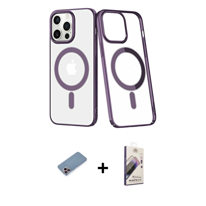 MARSİLYAN™- iPhone 13 Pro Max Kılıf Yörünge Minimal - Siyah Bilvis 3D Mat Cam Ekran Koruyucu + Shine Kamera Lens Koruma Cam - PE
