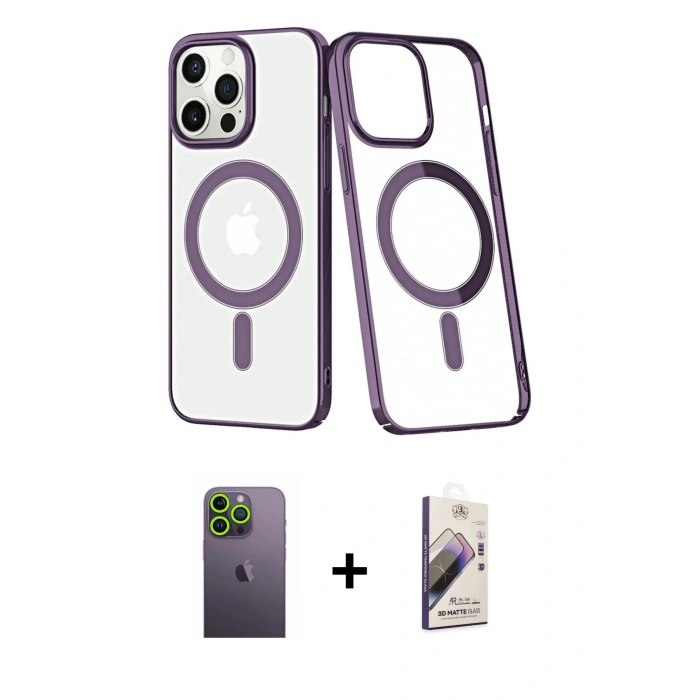 MARSİLYAN™- iPhone 13 Pro Max Kılıf Yörünge Minimal - Siyah Bilvis 3D Mat Cam Ekran Koruyucu + Neon Fosforlu Kamera Lens - YL