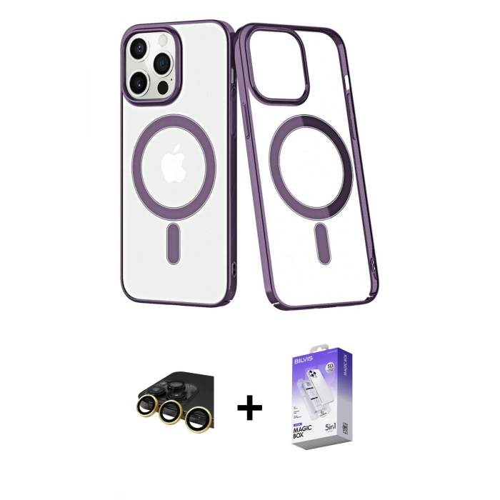 MARSİLYAN™- iPhone 13 Pro Max Kılıf Yörünge Minimal - Siyah Bilvis 5in1 3D Magic Cam Ekran Koruyucu + Raze Metal Kamera Lens - GD
