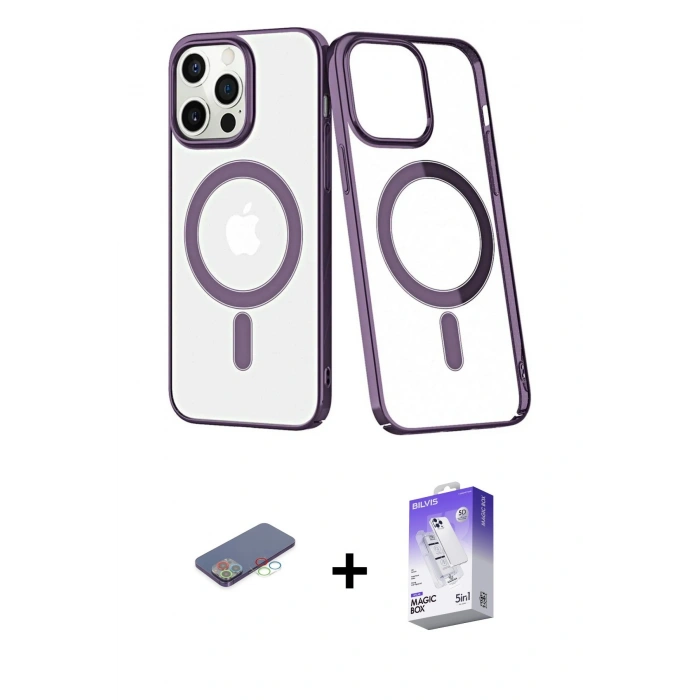 MARSİLYAN™- iPhone 13 Pro Max Kılıf Yörünge Minimal - Siyah Bilvis 5in1 3D Magic Cam Ekran Koruyucu + Renkli Kamera Lens Koruma Cam - MI