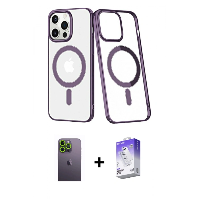 MARSİLYAN™- iPhone 13 Pro Max Kılıf Yörünge Minimal - Siyah Bilvis 5in1 3D Magic Cam Ekran Koruyucu + Neon Fosforlu Kamera Lens - YL