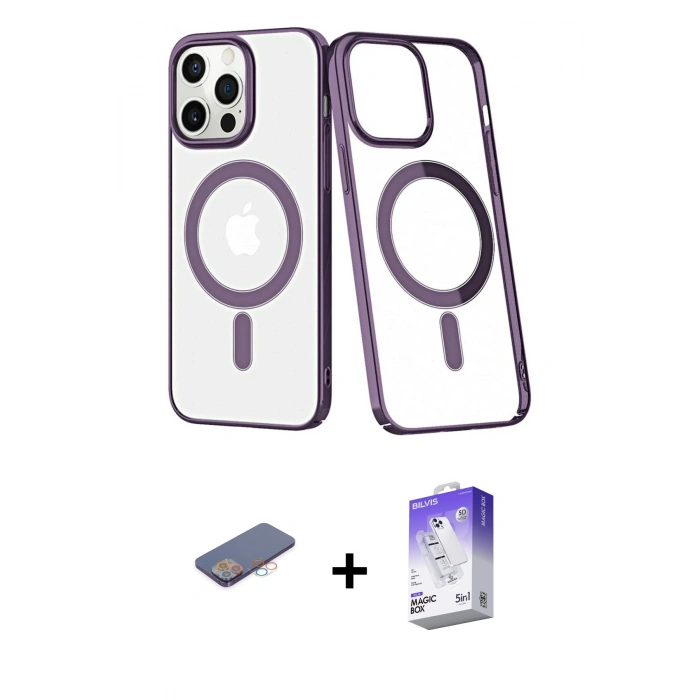 MARSİLYAN™- iPhone 13 Pro Max Kılıf Yörünge Minimal - Siyah Bilvis 5in1 3D Magic Cam Ekran Koruyucu + Pembe Renkli Kamera Lens Koruma Cam