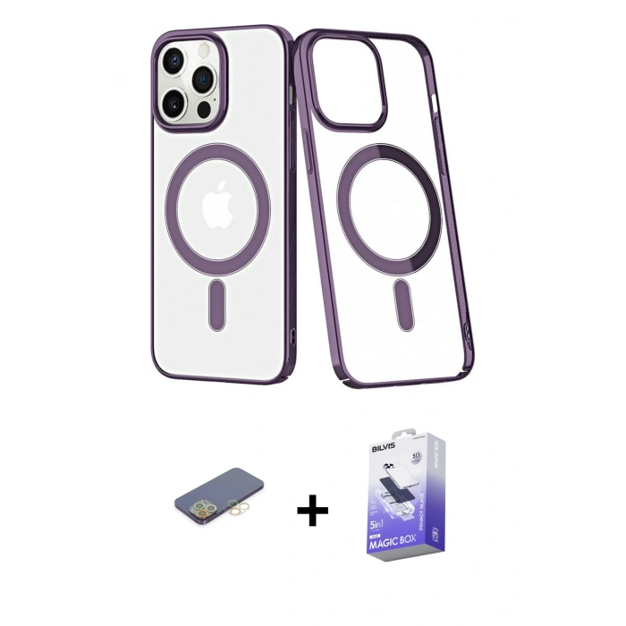 MARSİLYAN™- iPhone 13 Pro Max Kılıf Yörünge Minimal - Siyah Bilvis 5in1 5D Magic Hayalet Cam Ekran Koruyucu + Renkli Kamera Lens Koruma Cam - SI