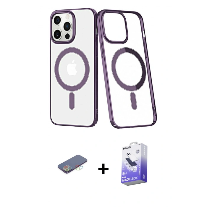 MARSİLYAN™- iPhone 13 Pro Max Kılıf Yörünge Minimal - Siyah Bilvis 5in1 5D Magic Hayalet Cam Ekran Koruyucu + Renkli Kamera Lens Koruma Cam - MI