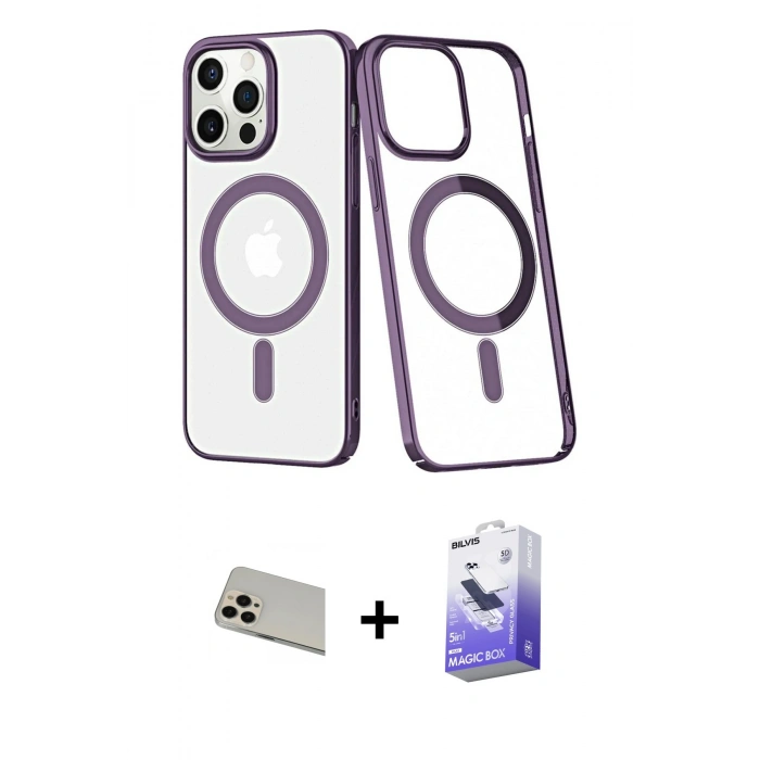 MARSİLYAN™- iPhone 13 Pro Max Kılıf Yörünge Minimal - Siyah Bilvis 5in1 5D Magic Hayalet Cam Ekran Koruyucu + Rose Gold Rainbow Kamera Lens Koruma Cam