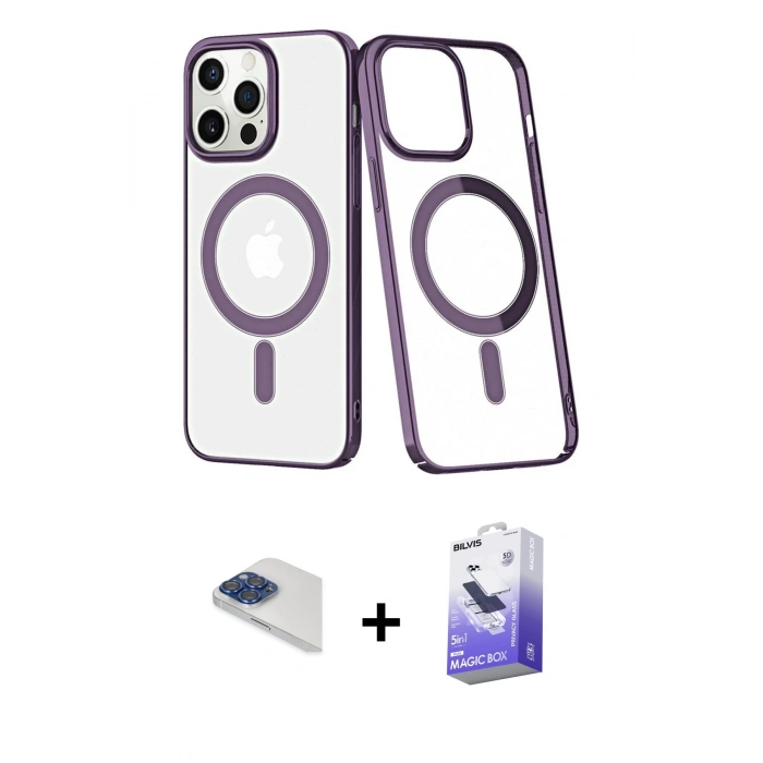 MARSİLYAN™- iPhone 13 Pro Max Kılıf Yörünge Minimal - Siyah Bilvis 5in1 5D Magic Hayalet Cam Ekran Koruyucu + Pers Alüminyum Kamera Lens - LT