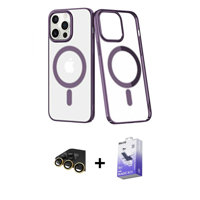 MARSİLYAN™- iPhone 13 Pro Max Kılıf Yörünge Minimal - Siyah Bilvis 5in1 5D Magic Hayalet Cam Ekran Koruyucu + Raze Metal Kamera Lens - GD