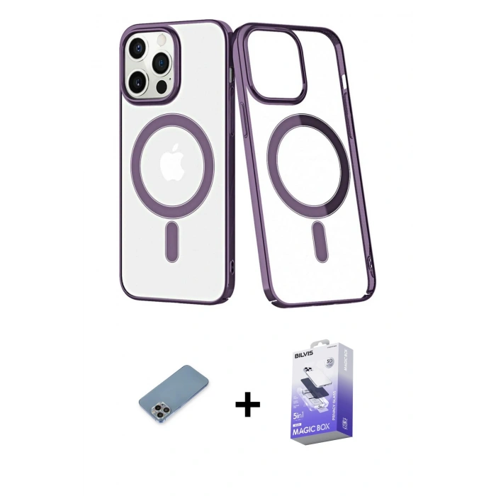 MARSİLYAN™- iPhone 13 Pro Max Kılıf Yörünge Minimal - Siyah Bilvis 5in1 5D Magic Hayalet Cam Ekran Koruyucu + Gökkuşağı Shine Kamera Lens Koruma Cam