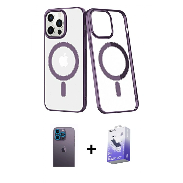 MARSİLYAN™- iPhone 13 Pro Max Kılıf Yörünge Minimal - Siyah Bilvis 5in1 5D Magic Hayalet Cam Ekran Koruyucu + Neon Fosforlu Kamera Lens - MI