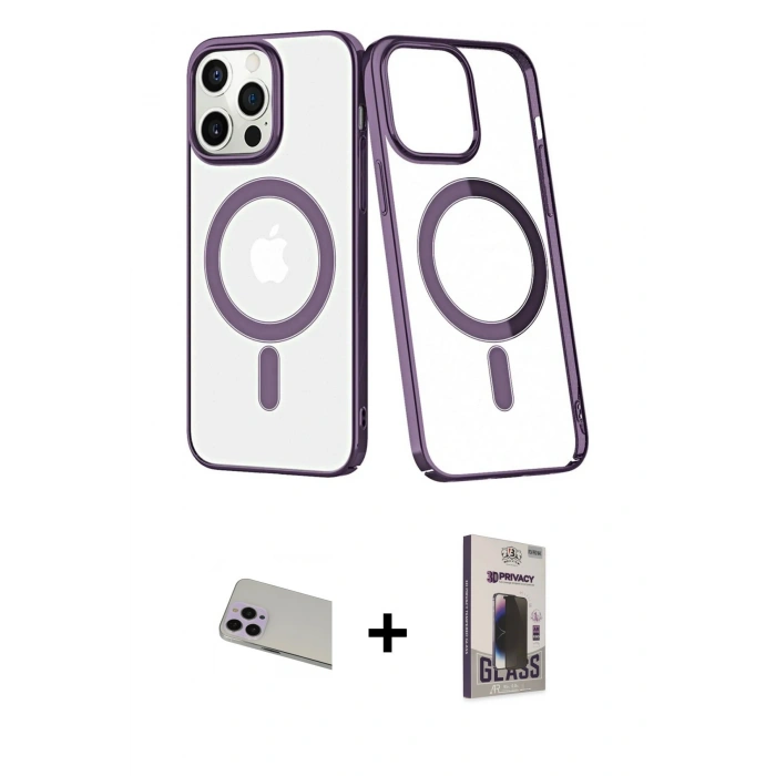 MARSİLYAN™- iPhone 13 Pro Max Kılıf Yörünge Minimal - Siyah Bilvis Hayalet Cam Ekran Koruyucu + Rainbow Kamera Lens Koruma Cam - MR