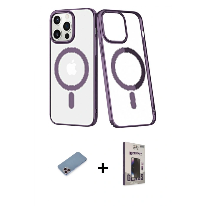 MARSİLYAN™- iPhone 13 Pro Max Kılıf Yörünge Minimal - Siyah Bilvis Hayalet Cam Ekran Koruyucu + Shine Kamera Lens Koruma Cam - PE